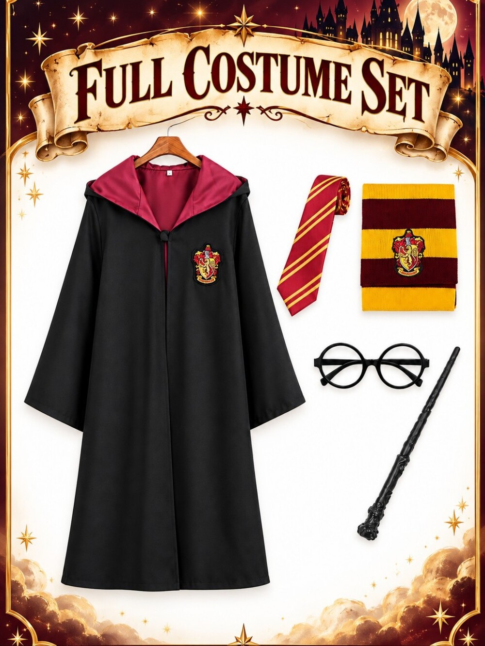 Harry Potter Gryffindor Wizard Costume ☆ FULL SET ☆ Robe Scarf Tie Wand Glasses